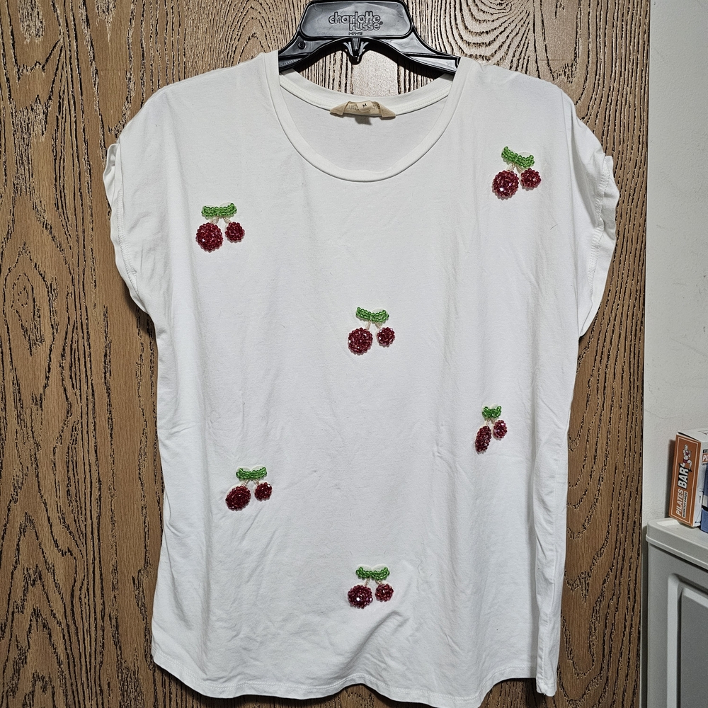 White Cherry Embellished Tee - Women